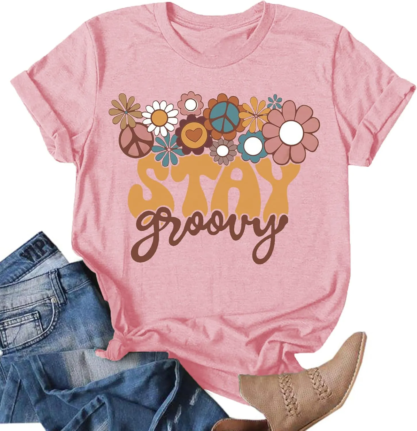 Stay Groovy Shirt for Womens:Hippie 70s T-Shirt Cute Hippie 70s T-Shirt Casual Short Sleeve Tee Tops