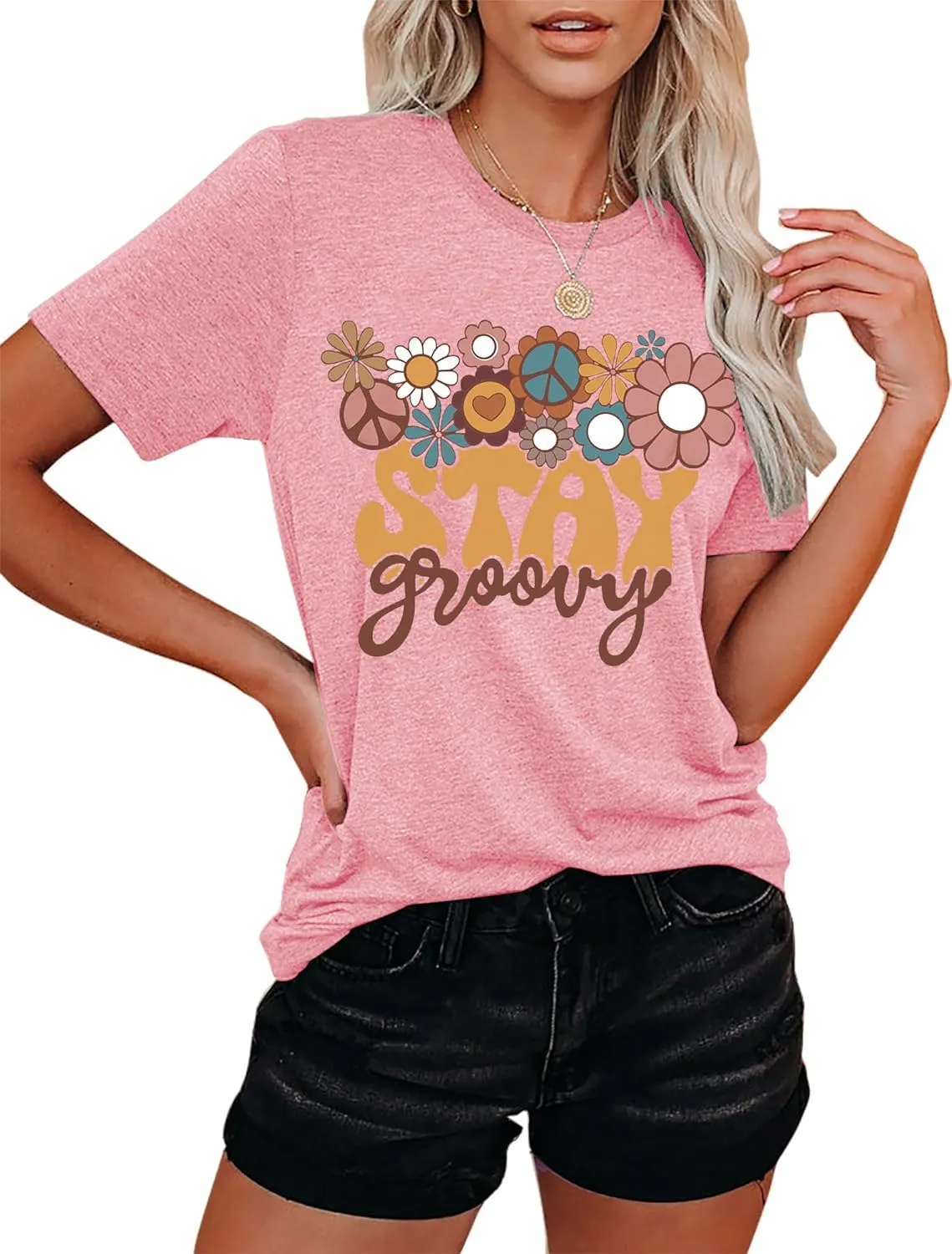 Stay Groovy Shirt for Womens:Hippie 70s T-Shirt Cute Hippie 70s T-Shirt Casual Short Sleeve Tee Tops