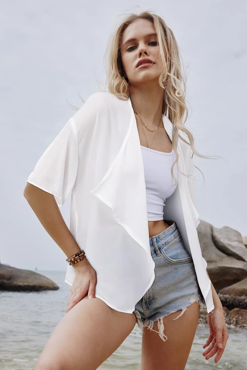 STYLEWORD Womens Lightweight Summer Cardigan Casual Short Sleeve Kimono Boho Draped Beach Cover Ups