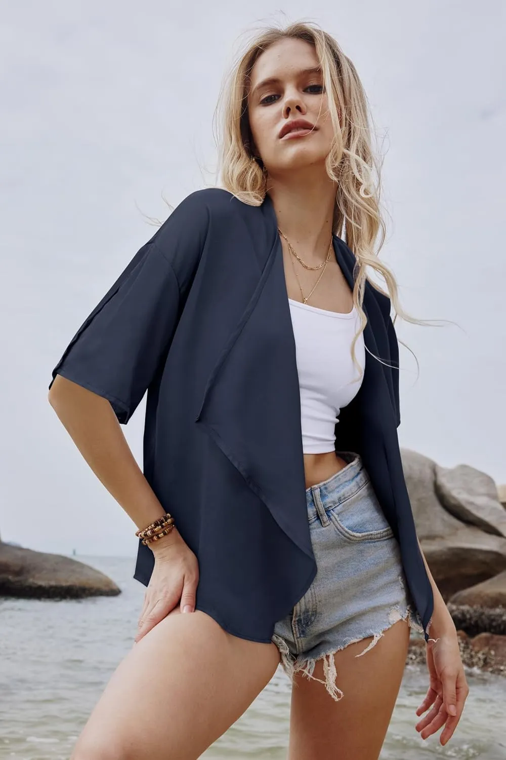 STYLEWORD Womens Lightweight Summer Cardigan Casual Short Sleeve Kimono Boho Draped Beach Cover Ups