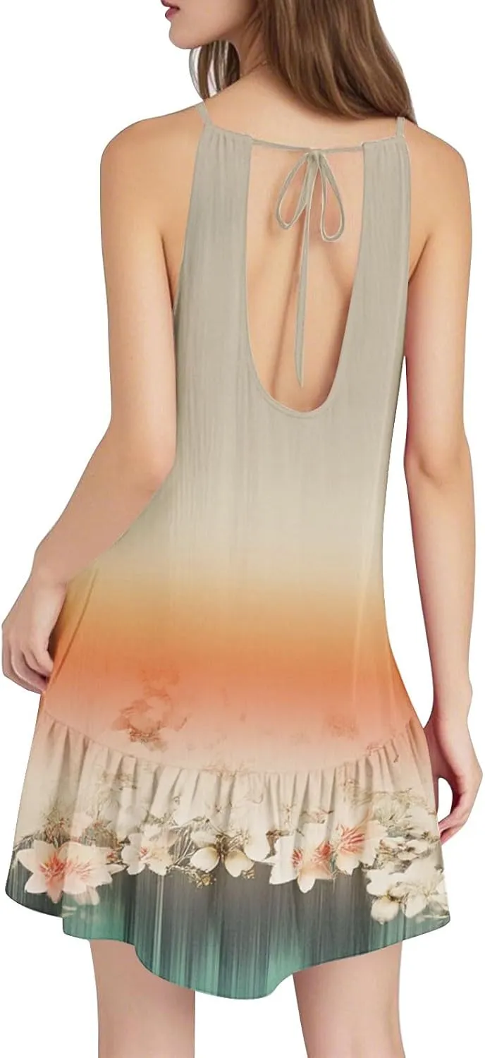 Summer Dress for Women Swimsuit Cover Up Crewneck Adjustable Straps Ruffle Beach Backless Mini Vacation Sundress