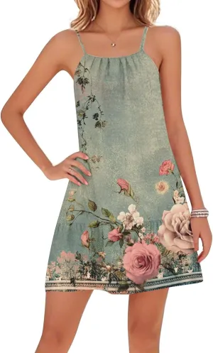 Summer Dress for Women Swimsuit Cover Up Crewneck Adjustable Straps Ruffle Beach Backless Mini Vacation Sundress