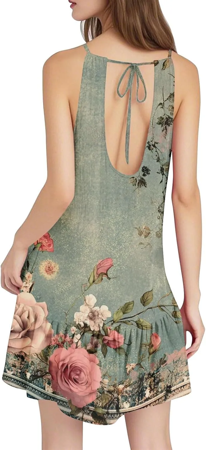 Summer Dress for Women Swimsuit Cover Up Crewneck Adjustable Straps Ruffle Beach Backless Mini Vacation Sundress