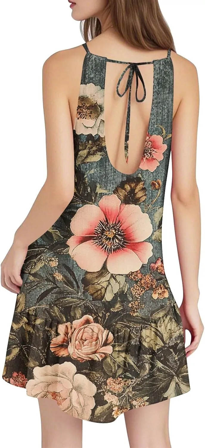 Summer Dress for Women Swimsuit Cover Up Crewneck Adjustable Straps Ruffle Beach Backless Mini Vacation Sundress