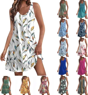 Summer Dresses for Women 2025 Casual Sleeveless Sundresses Floral V Neck Beach Dress Loose Shirt Dress with Pockets