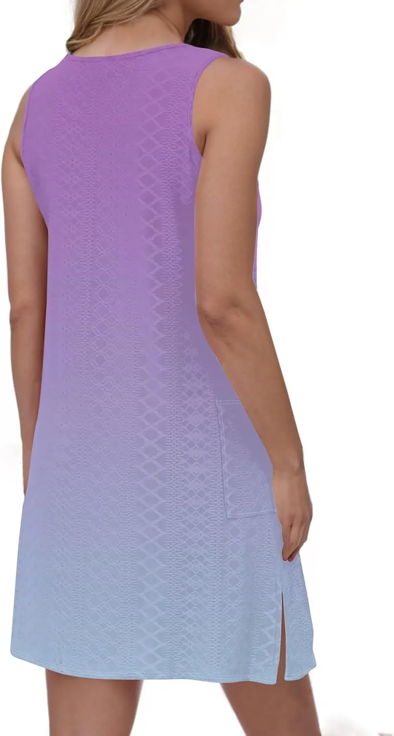 Summer Dresses for Women 2025 Eyelet Casual Sleeveless Floral Print Tank Sundresses Beach Cover Up with Pockets