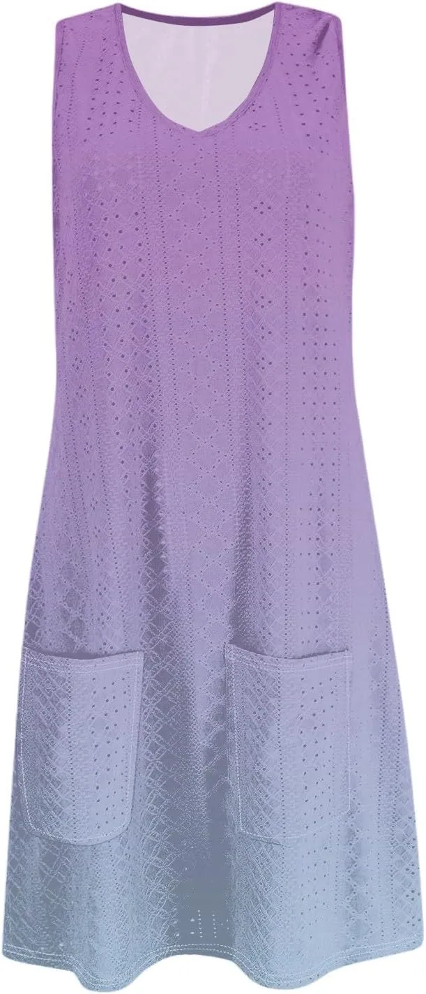 Summer Dresses for Women 2025 Eyelet Casual Sleeveless Floral Print Tank Sundresses Beach Cover Up with Pockets