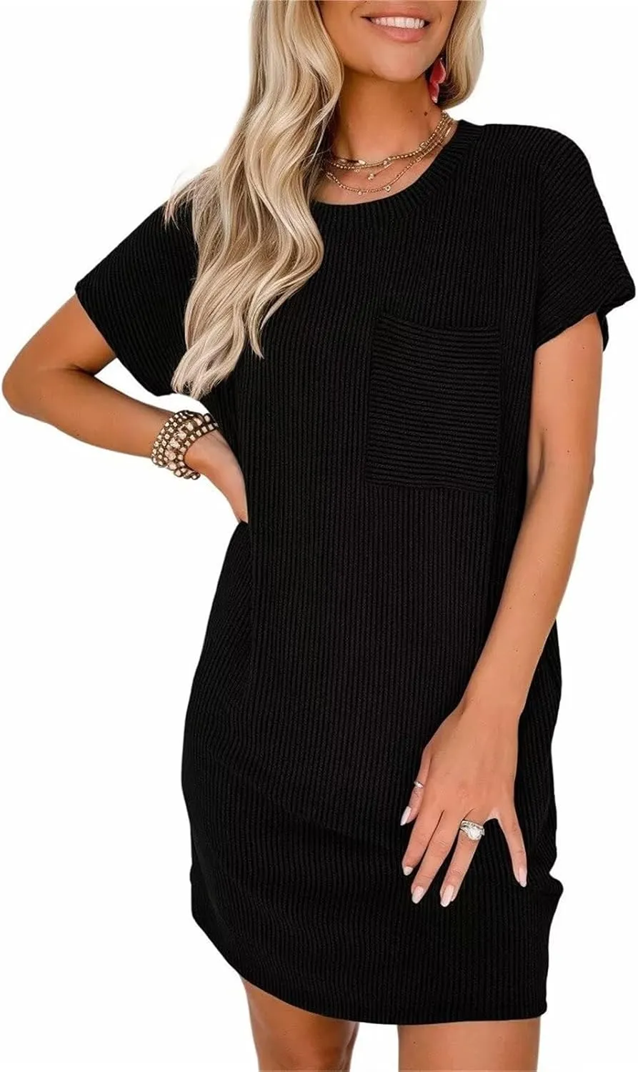Summer Dresses for Women 2025 Short Sleeve Crew Neck Textured Mini Dress with Pocket Casual Beach Sundress