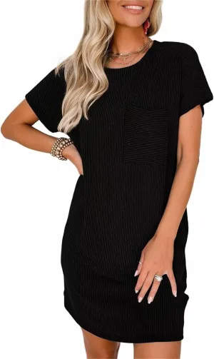 Summer Dresses for Women 2025 Short Sleeve Crew Neck Textured Mini Dress with Pocket Casual Beach Sundress