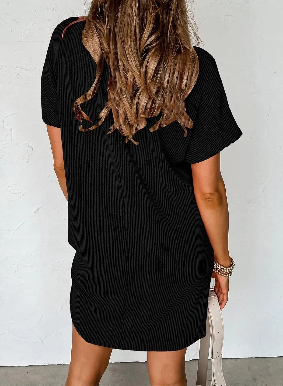 Summer Dresses for Women 2025 Short Sleeve Crew Neck Textured Mini Dress with Pocket Casual Beach Sundress