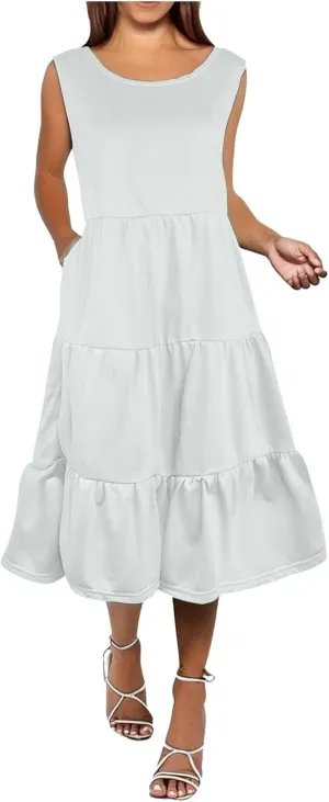 Summer Dresses for Women 2025 Sleeveless Crewneck Layered A-Line Midi Wedding Guest Boho Beach Vacation Sundresses
