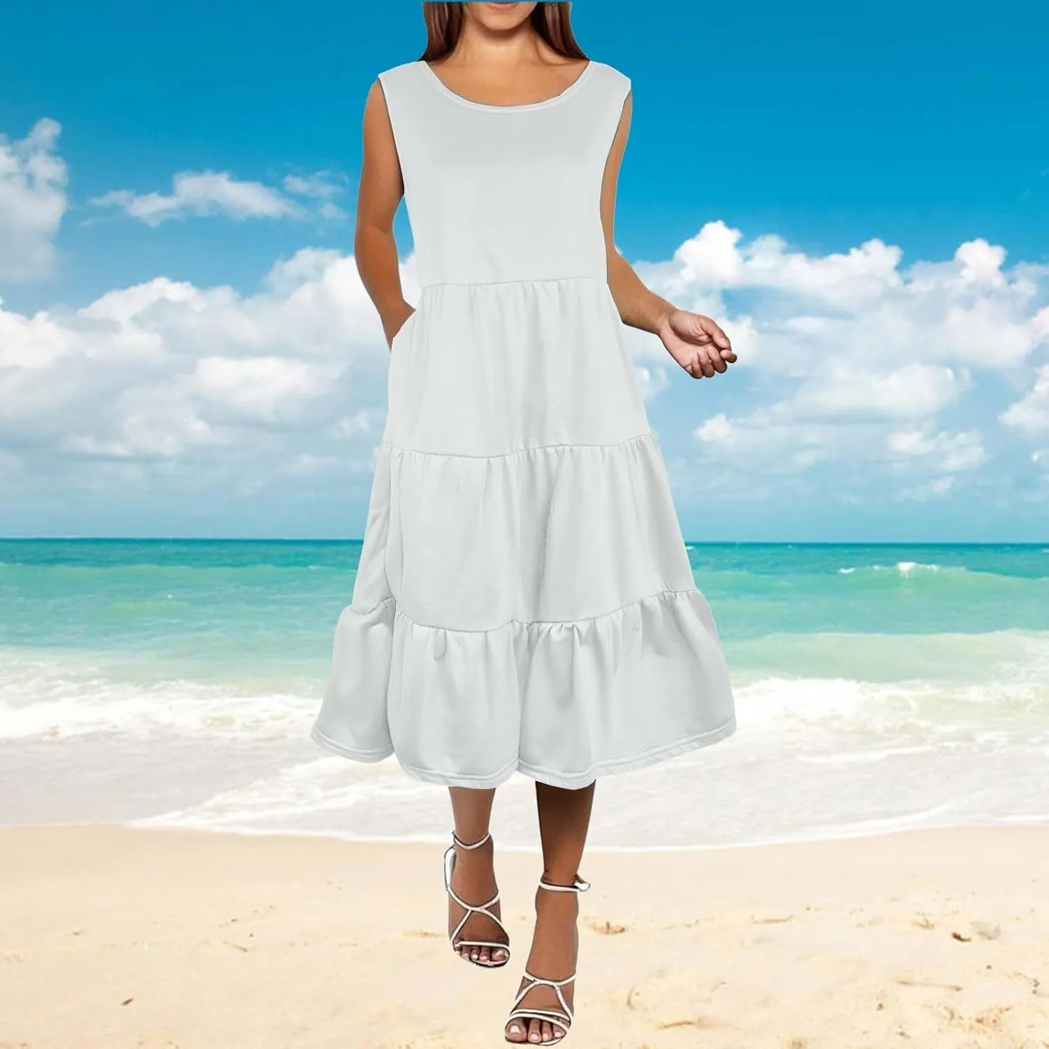 Summer Dresses for Women 2025 Sleeveless Crewneck Layered A-Line Midi Wedding Guest Boho Beach Vacation Sundresses