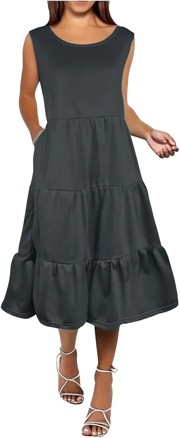 Summer Dresses for Women 2025 Sleeveless Crewneck Layered A-Line Midi Wedding Guest Boho Beach Vacation Sundresses