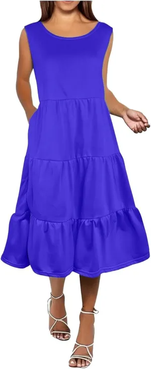 Summer Dresses for Women 2025 Sleeveless Crewneck Layered A-Line Midi Wedding Guest Boho Beach Vacation Sundresses