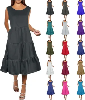 Summer Dresses for Women 2025 Sleeveless Crewneck Layered A-Line Midi Wedding Guest Boho Beach Vacation Sundresses