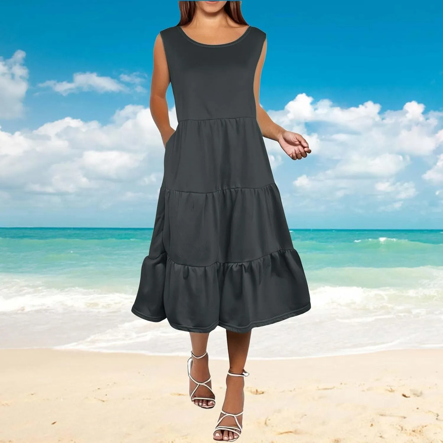 Summer Dresses for Women 2025 Sleeveless Crewneck Layered A-Line Midi Wedding Guest Boho Beach Vacation Sundresses