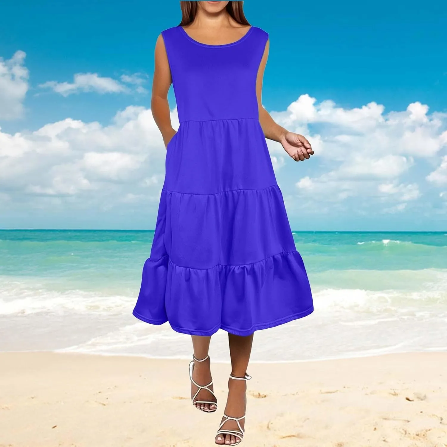 Summer Dresses for Women 2025 Sleeveless Crewneck Layered A-Line Midi Wedding Guest Boho Beach Vacation Sundresses