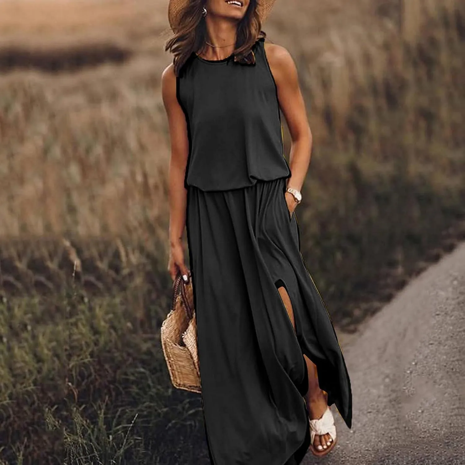 Summer Dresses for Women 2025 Sleeveless Crewneck Maxi Dress Ruffle Casual Dresses Beach Vacation Party Sundress