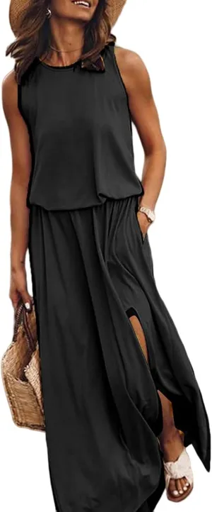 Summer Dresses for Women 2025 Sleeveless Crewneck Maxi Dress Ruffle Casual Dresses Beach Vacation Party Sundress