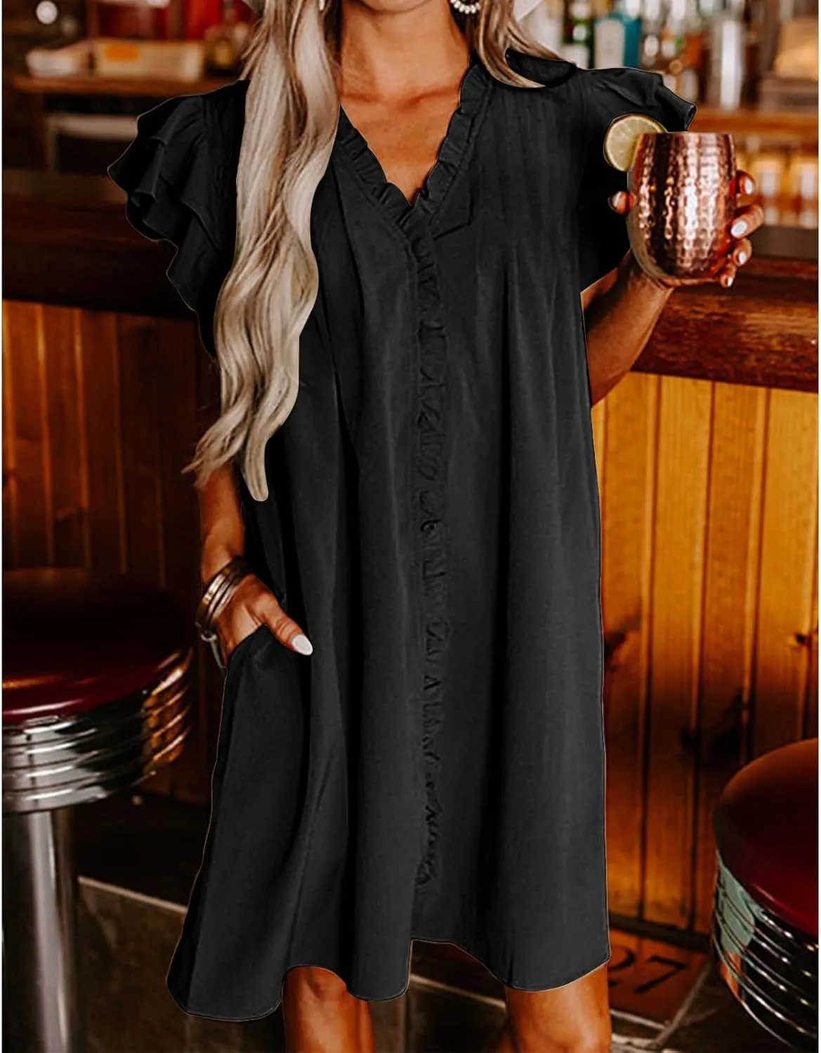 Summer Dresses for Women 2025 V Neck Ruffle Cap Sleeve Mini Fashion Loose Fit Dress Casual Beach Vacation Dress