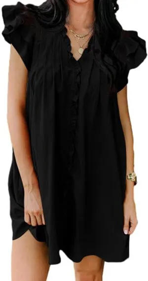Summer Dresses for Women 2025 V Neck Ruffle Cap Sleeve Mini Fashion Loose Fit Dress Casual Beach Vacation Dress