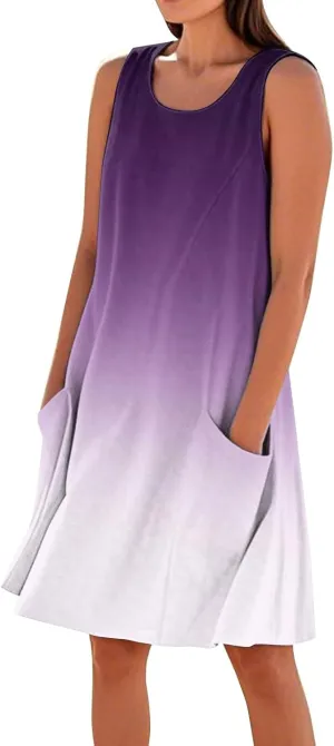 Summer Sleeveless Dresses for Women Loose Fit Beach Vacation Tank Dress Casual Flowy Midi Sundresses with Pockets
