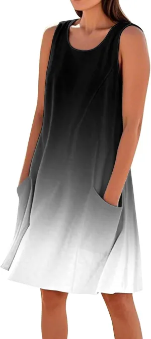 Summer Sleeveless Dresses for Women Loose Fit Beach Vacation Tank Dress Casual Flowy Midi Sundresses with Pockets