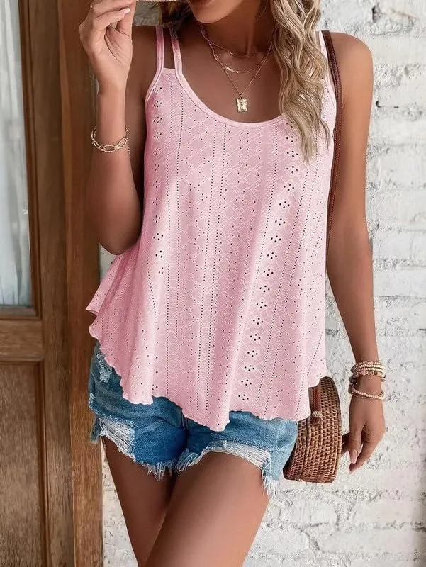 Summer Tank Tops Embroidery for Women Sleeveless Loose Fit Scoop Neck Casual Blouse Sexy Cute Cami for Womens Trendy