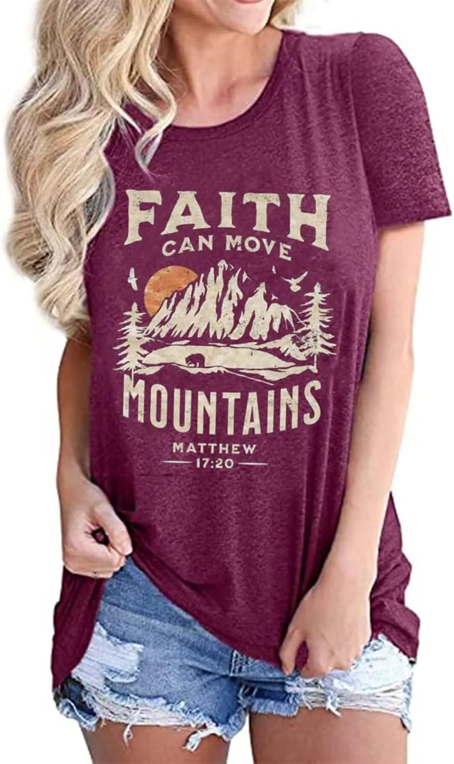 Sun and Mountain Shirt for Women Camping Hiking Shirt Sunrise Pine Tree Graphic Tees Nature Casual Short Sleeve Shirt
