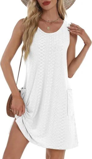 Sundresses for Women 2025 Summer Trendy Sleeveless Eyelet Beach Dress Bathing Suit Cover Up Tank Dress with Pockets