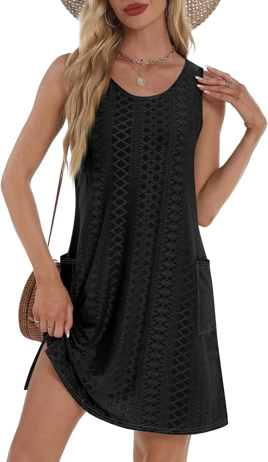 Sundresses for Women 2025 Summer Trendy Sleeveless Eyelet Beach Dress Bathing Suit Cover Up Tank Dress with Pockets