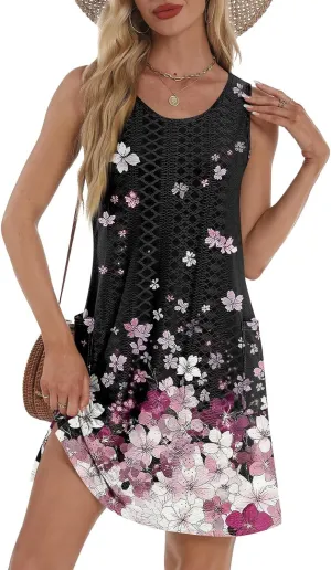 Sundresses for Women 2025 Summer Trendy Sleeveless Eyelet Beach Dress Bathing Suit Cover Up Tank Dress with Pockets