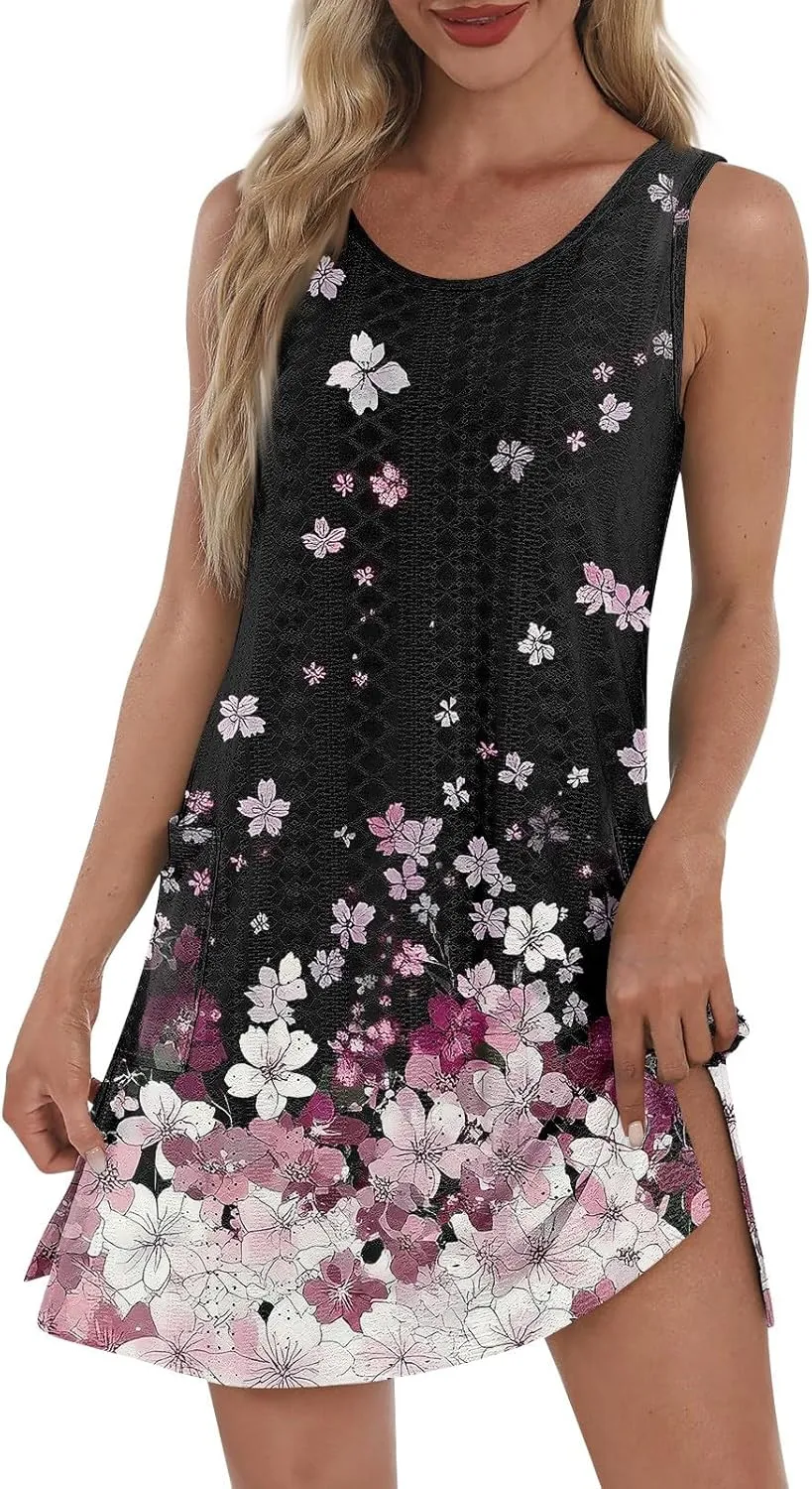 Sundresses for Women 2025 Summer Trendy Sleeveless Eyelet Beach Dress Bathing Suit Cover Up Tank Dress with Pockets