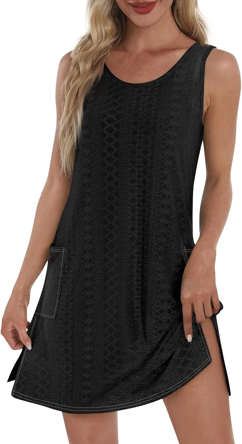 Sundresses for Women 2025 Summer Trendy Sleeveless Eyelet Beach Dress Bathing Suit Cover Up Tank Dress with Pockets