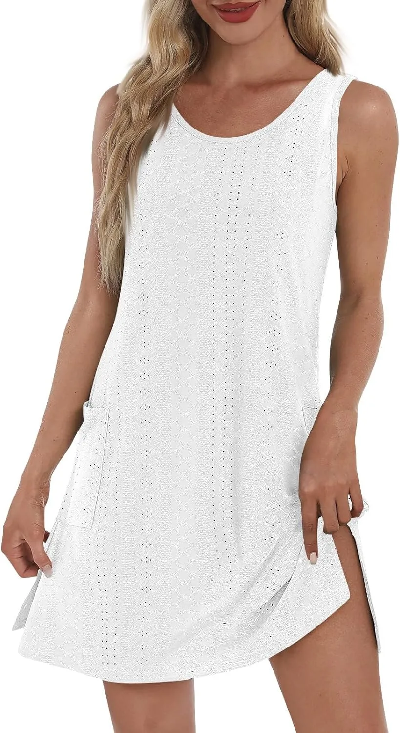 Sundresses for Women 2025 Summer Trendy Sleeveless Eyelet Beach Dress Bathing Suit Cover Up Tank Dress with Pockets