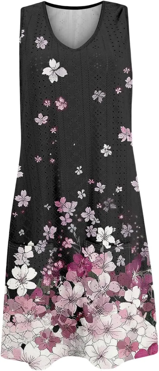 Sundresses for Women 2025 Summer Trendy Sleeveless Eyelet Beach Dress Bathing Suit Cover Up Tank Dress with Pockets