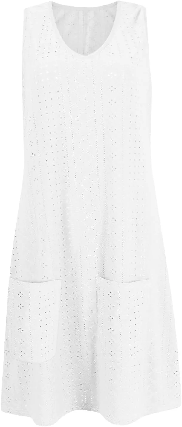 Sundresses for Women 2025 Summer Trendy Sleeveless Eyelet Beach Dress Bathing Suit Cover Up Tank Dress with Pockets