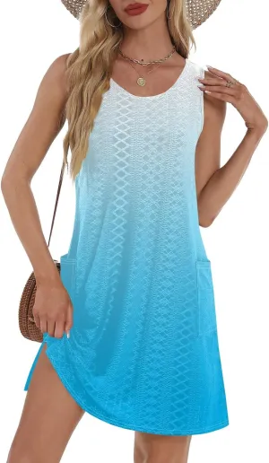 Sundresses for Women 2025 Summer Trendy Sleeveless Eyelet Beach Dress Bathing Suit Cover Up Tank Dress with Pockets