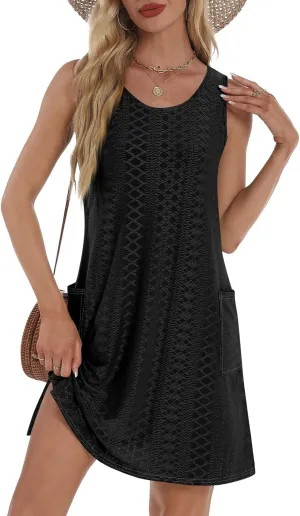 Sundresses for Women 2025 Summer Trendy Sleeveless Eyelet Beach Dress Bathing Suit Cover Up Tank Dress with Pockets