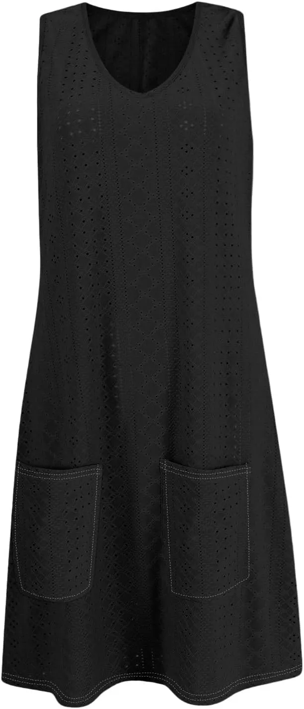 Sundresses for Women 2025 Summer Trendy Sleeveless Eyelet Beach Dress Bathing Suit Cover Up Tank Dress with Pockets