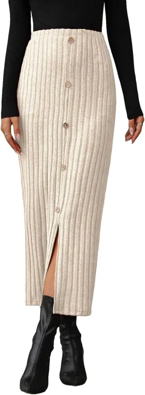 SweatyRocks Women's Button Front Split Thigh Skirt Casual Ribbed Knit Pencil Long Skirt