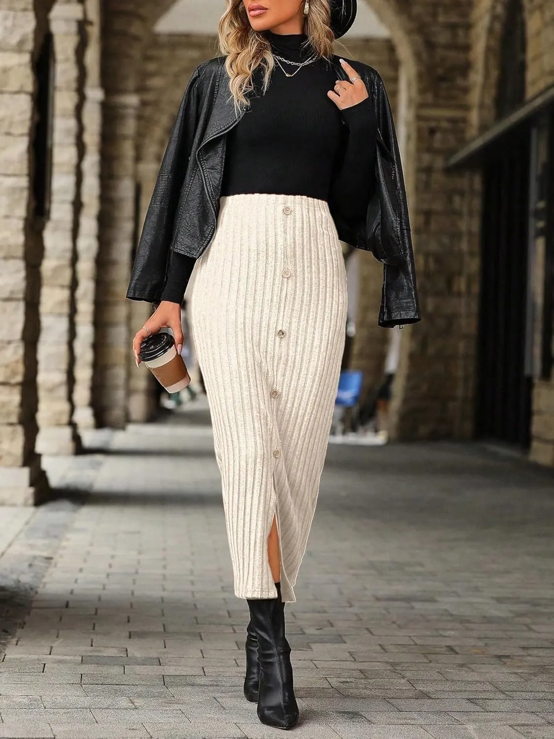 SweatyRocks Women's Button Front Split Thigh Skirt Casual Ribbed Knit Pencil Long Skirt