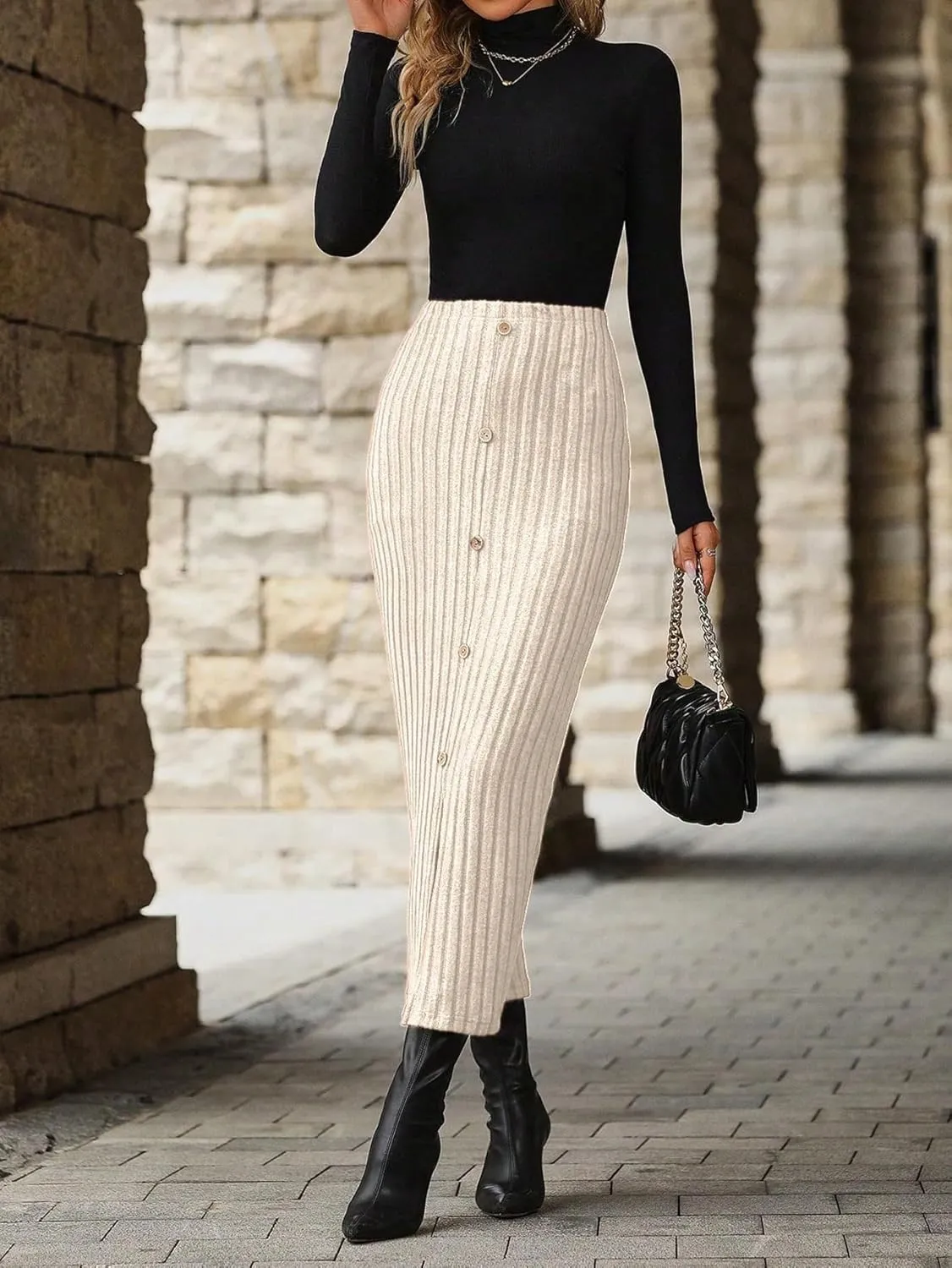 SweatyRocks Women's Button Front Split Thigh Skirt Casual Ribbed Knit Pencil Long Skirt