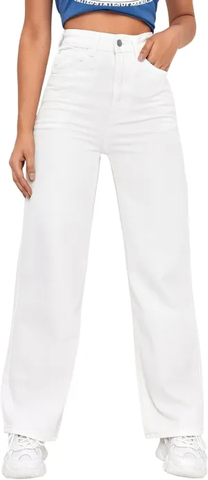 SweatyRocks Women's Casual Loose High Waist Solid Straight Wide Leg Jeans