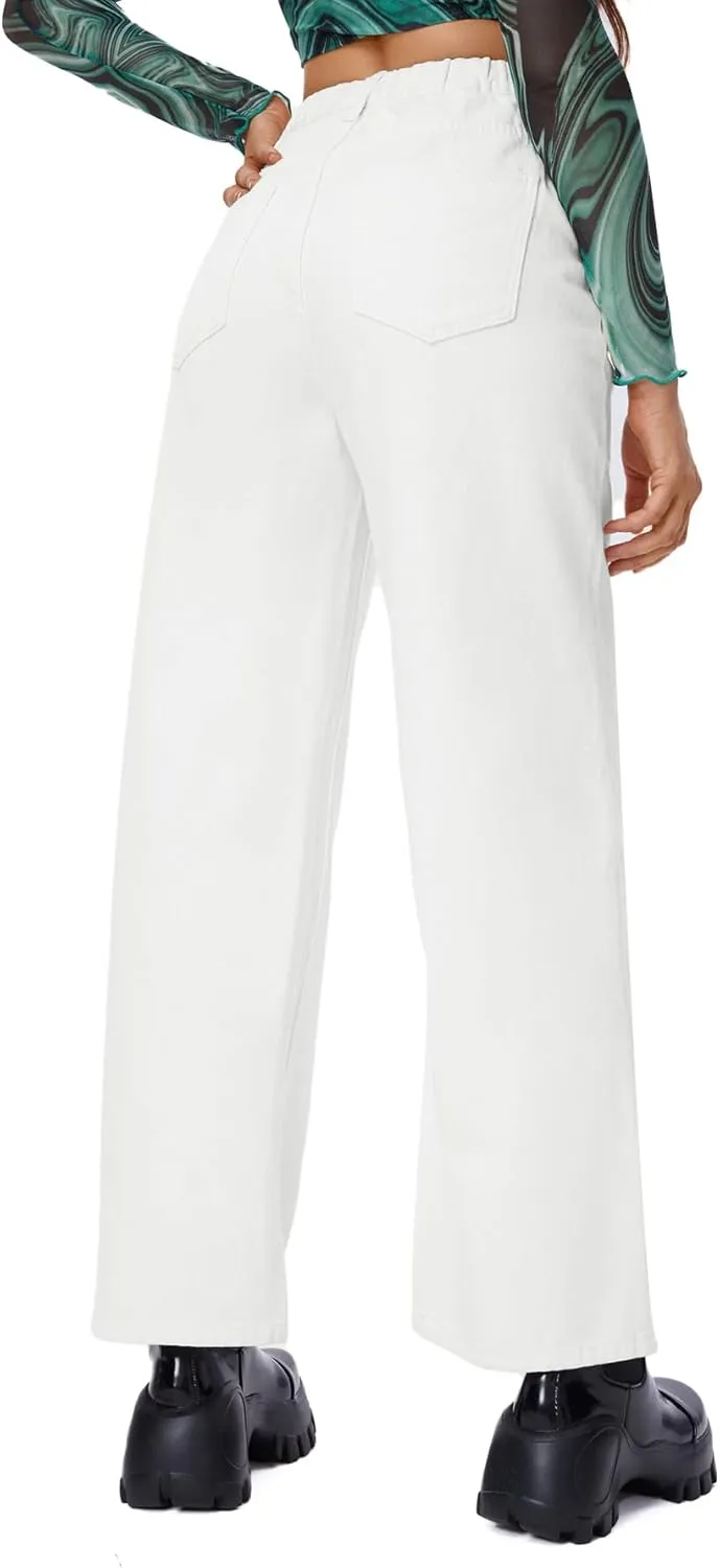 SweatyRocks Women's Casual Loose High Waist Solid Straight Wide Leg Jeans