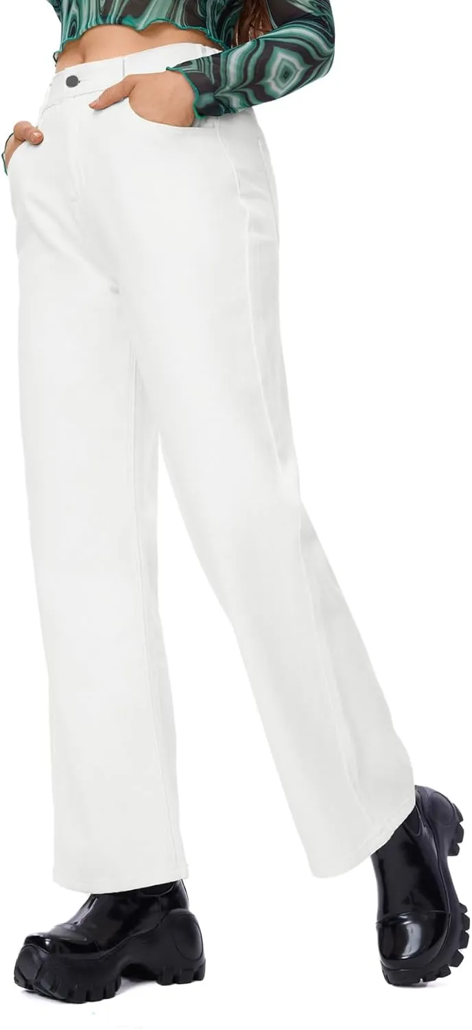 SweatyRocks Women's Casual Loose High Waist Solid Straight Wide Leg Jeans