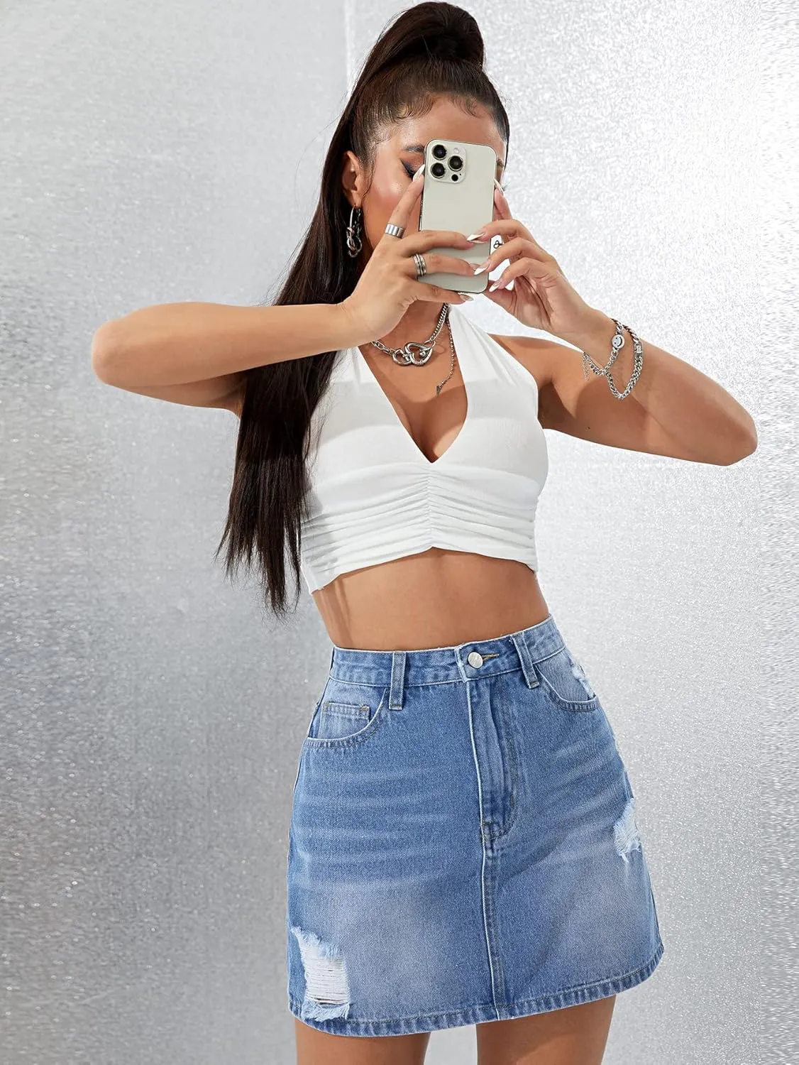 SweatyRocks Women's Casual Ripped Jean Skirt High Waist Raw Hem Mini Denim Skirts