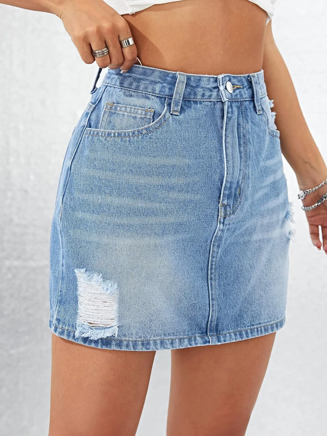 SweatyRocks Women's Casual Ripped Jean Skirt High Waist Raw Hem Mini Denim Skirts