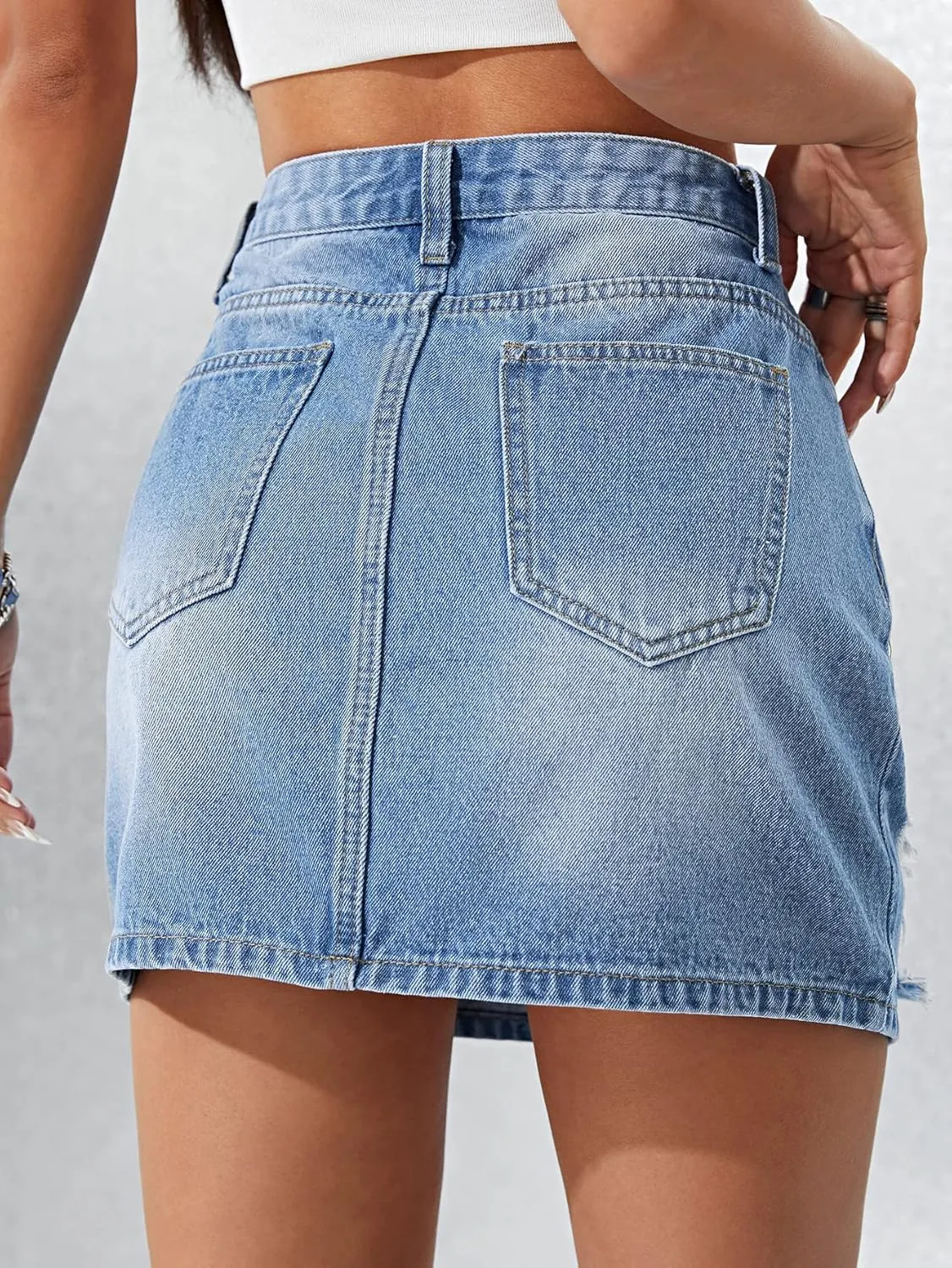 SweatyRocks Women's Casual Ripped Jean Skirt High Waist Raw Hem Mini Denim Skirts