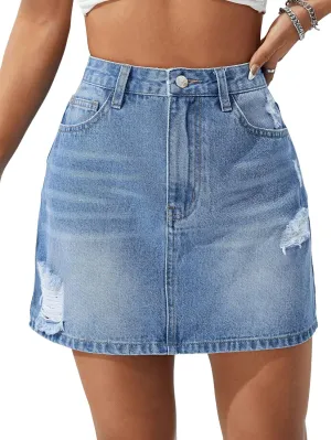 SweatyRocks Women's Casual Ripped Jean Skirt High Waist Raw Hem Mini Denim Skirts